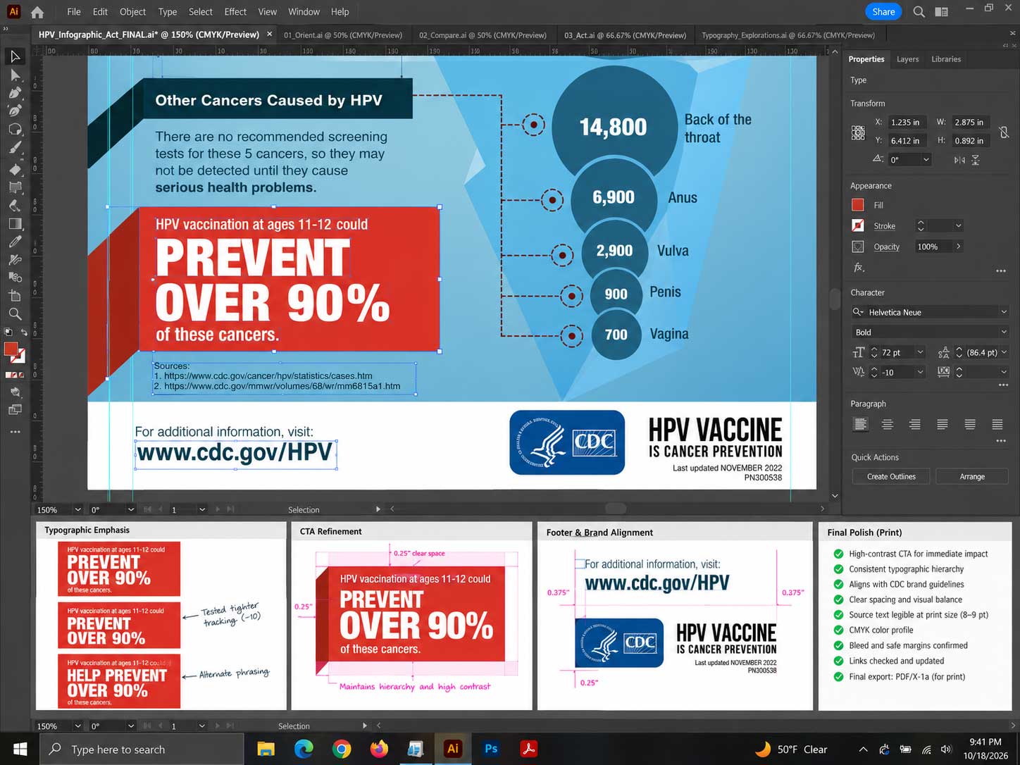 Adobe Illustrator workspace showing prevention callout refinement, typography testing, footer alignment, and final print-production review