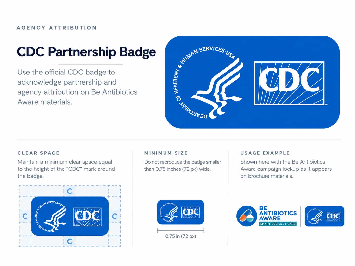 CDC partnership badge usage guide showing clear space, minimum size, and campaign attribution examples.