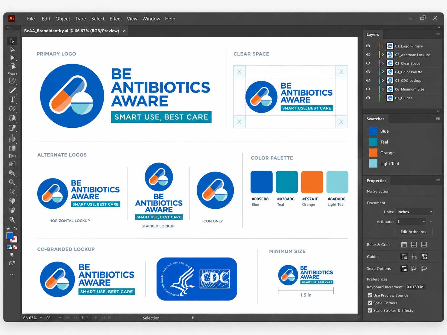 Adobe Illustrator campaign identity source showing Be Antibiotics Aware logo variations, clear space, color palette, and co-branded CDC usage.