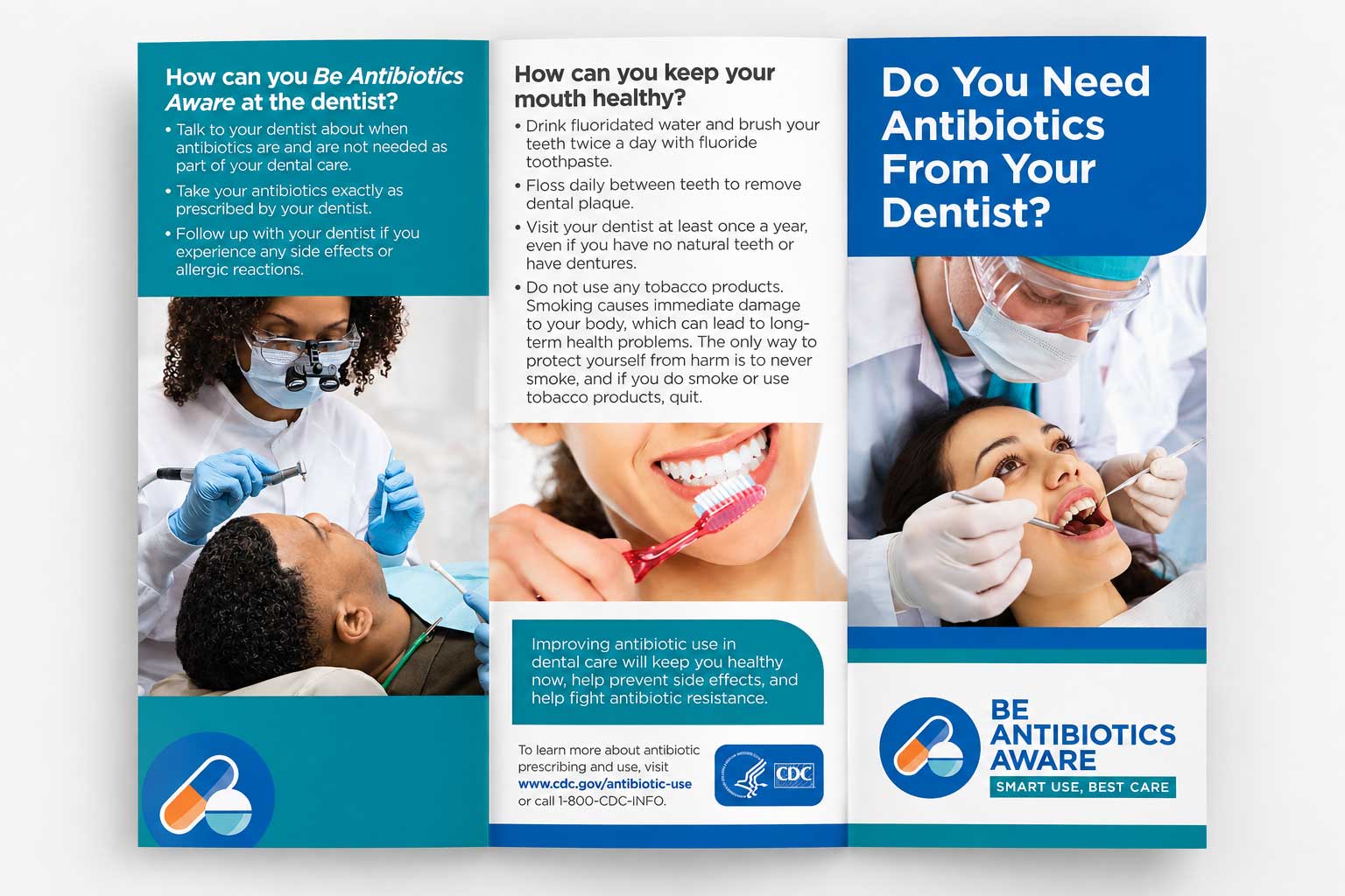 Exterior side of the final CDC antibiotic stewardship tri-fold brochure.