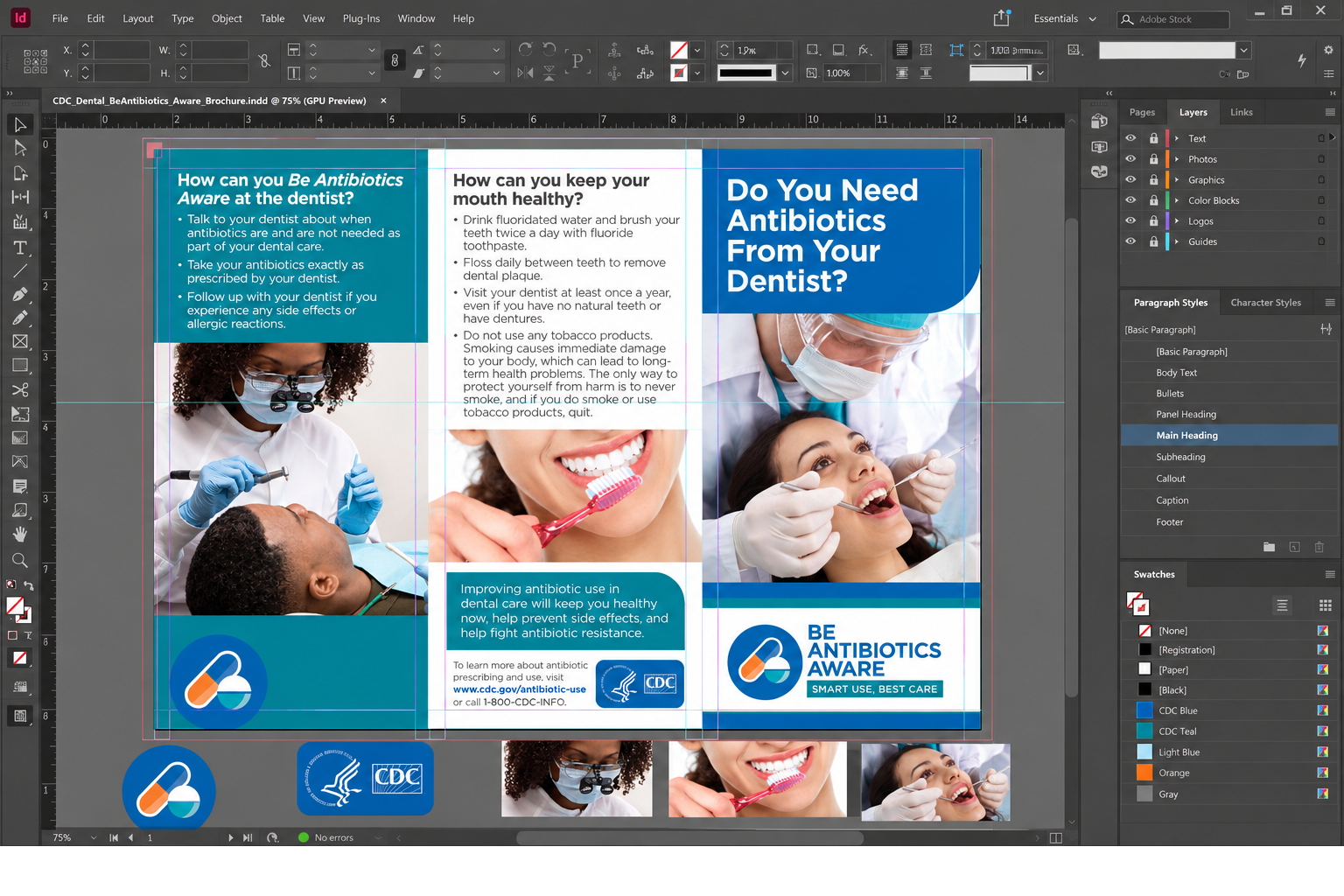 Exterior side of the CDC Be Antibiotics Aware dental tri-fold brochure.