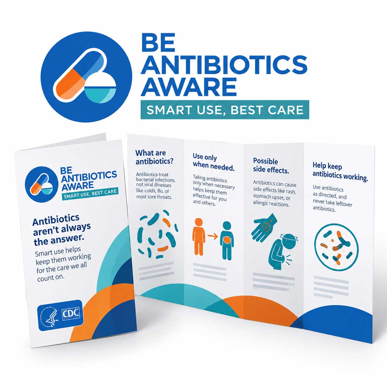 Be Antibiotics Aware six-panel brochure communication system preview.