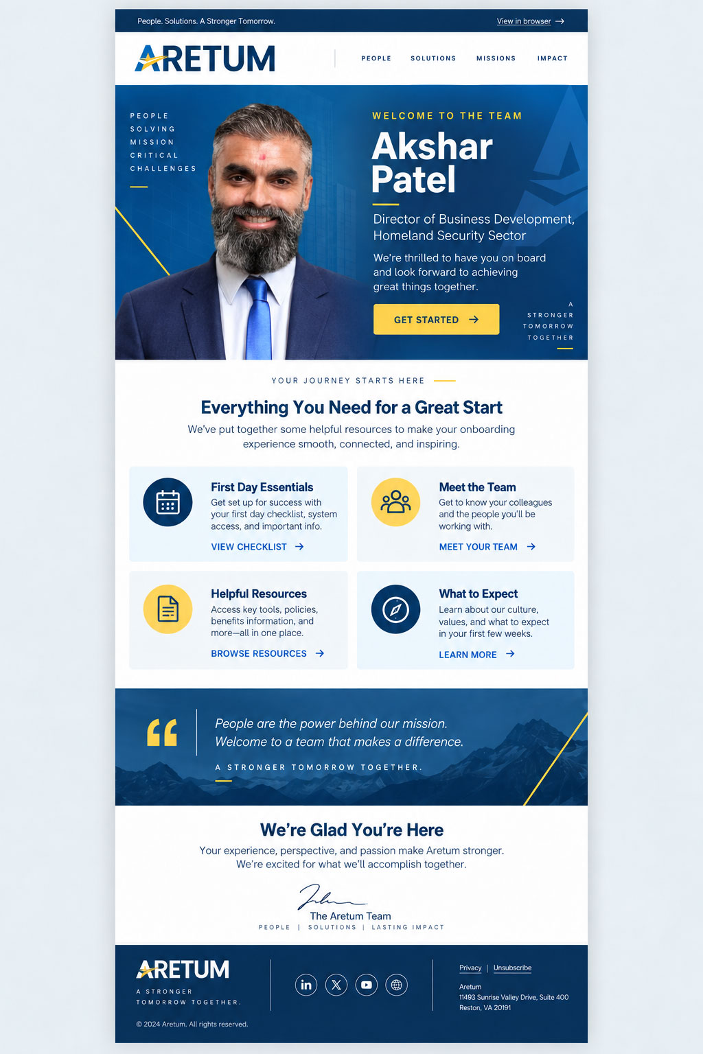 Aretum welcome email for Akshar Patel with branded onboarding hero, first-day resources, team information, and supporting calls to action.