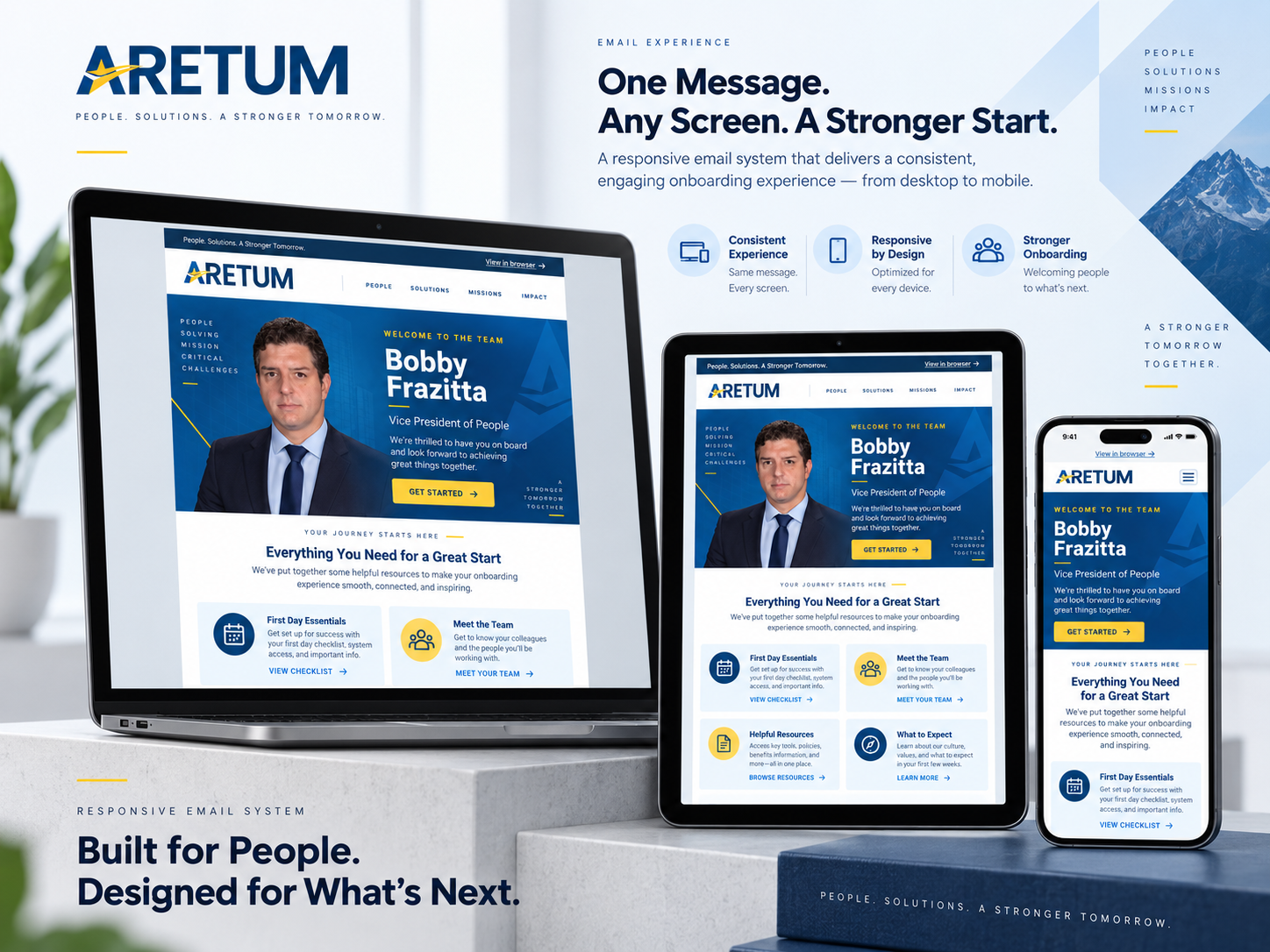 Aretum responsive onboarding email shown across desktop, tablet, and mobile device mockups.