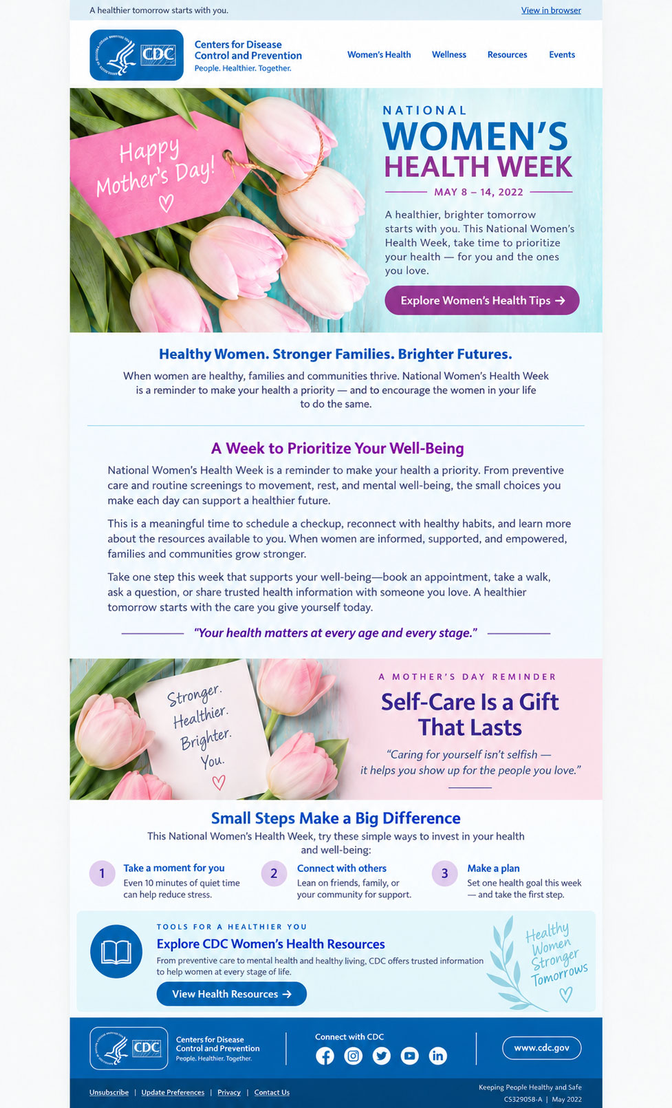CDC National Women’s Health Week email featuring pink tulips, women’s health messaging, educational body copy, and health resource calls to action.