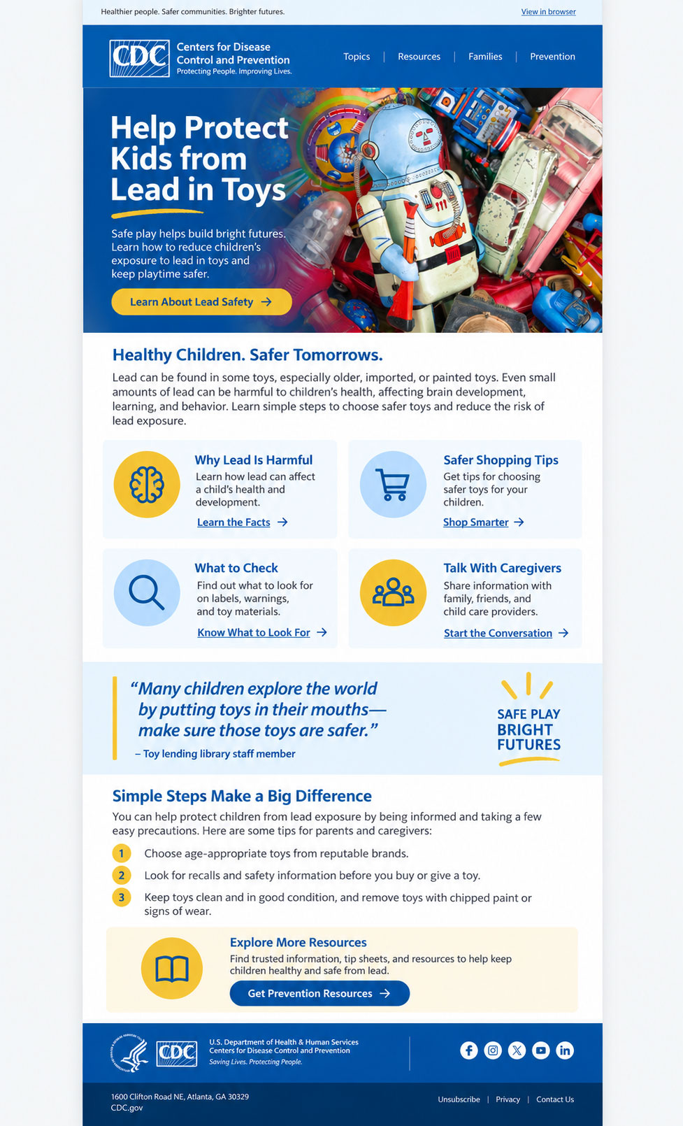 CDC lead safety email featuring vintage toys, lead exposure prevention guidance, caregiver tips, and prevention resources.