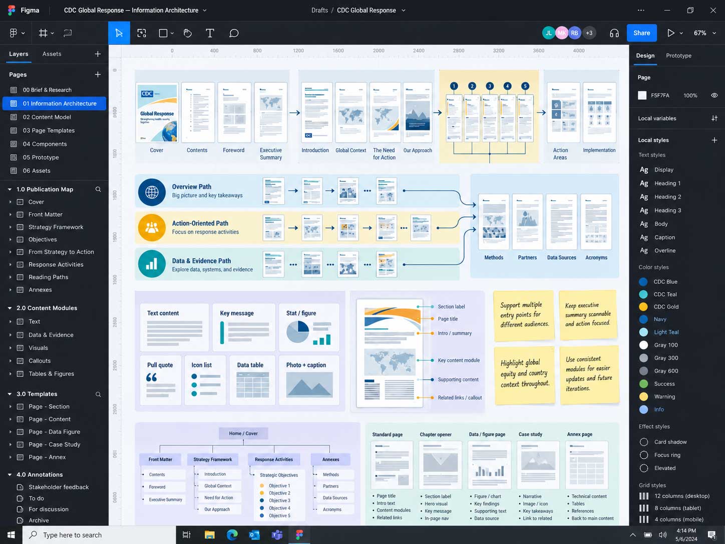 Figma information architecture workspace mapping the CDC Global Response publication structure, reading paths, content modules, and reusable page patterns