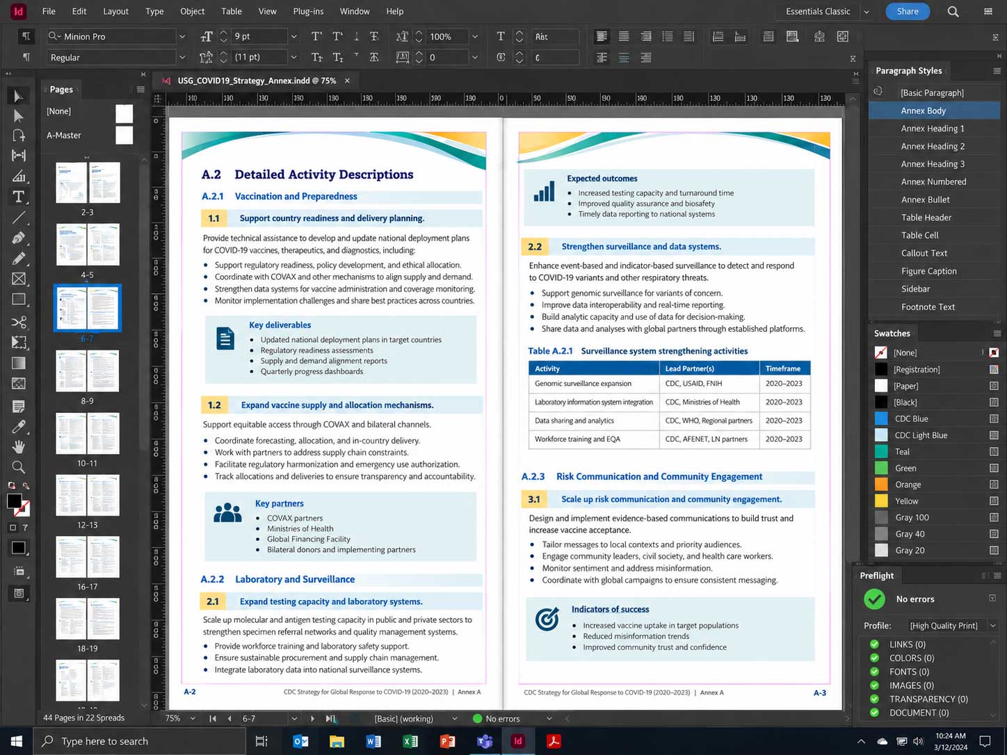 Adobe InDesign Windows workspace showing dense CDC annex content, structured activity descriptions, paragraph styles, tables, hierarchy, and preflight quality assurance