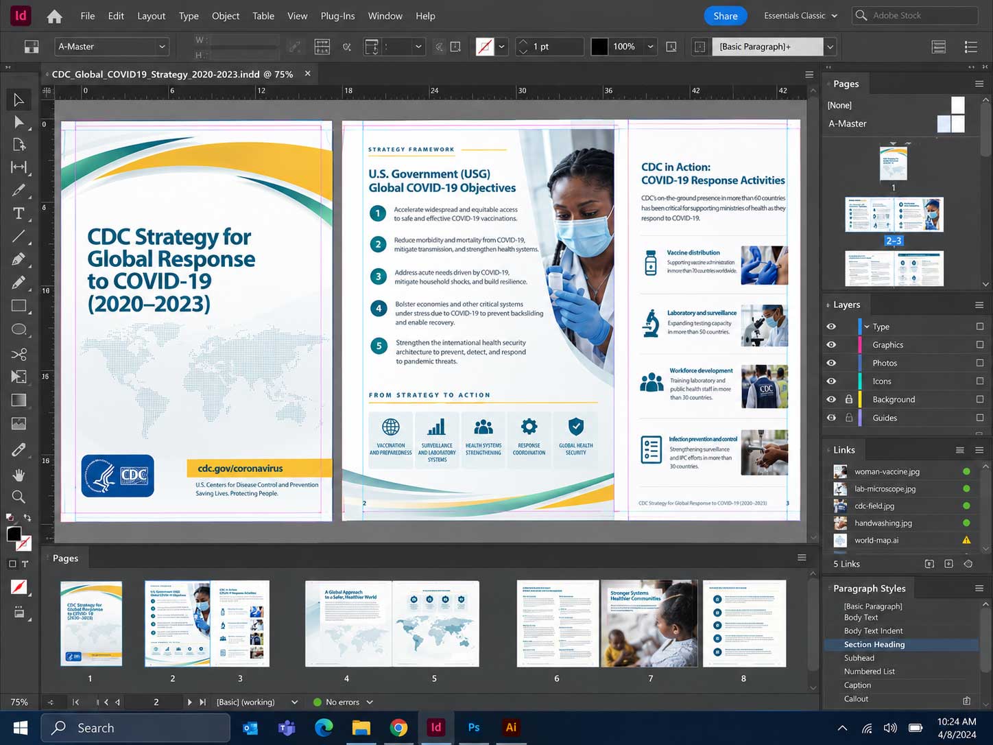 Adobe InDesign Windows workspace showing the CDC Global COVID-19 Response Strategy publication layout and production system