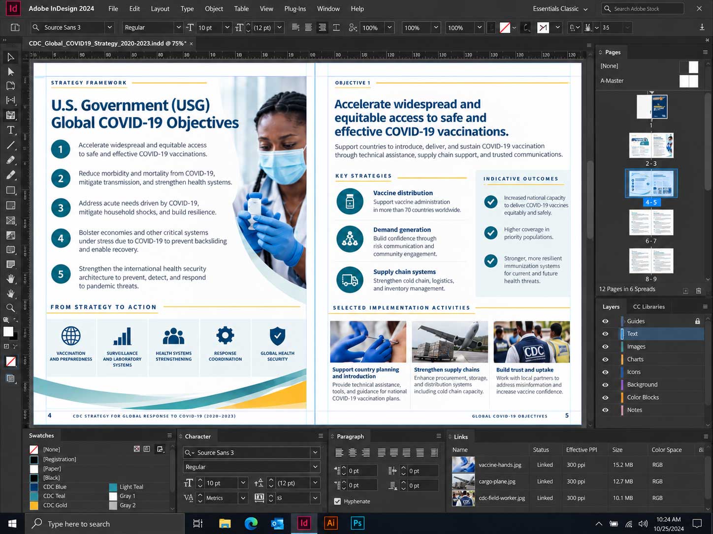 Adobe InDesign Windows workspace showing structured CDC strategy pages with objectives, hierarchy, supporting visuals, paragraph styles, and production panels