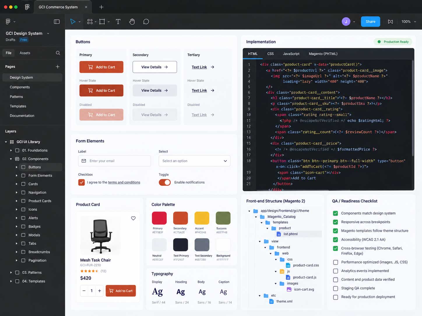Commerce system workspace showing component specs, implementation code, Magento structure, and QA readiness