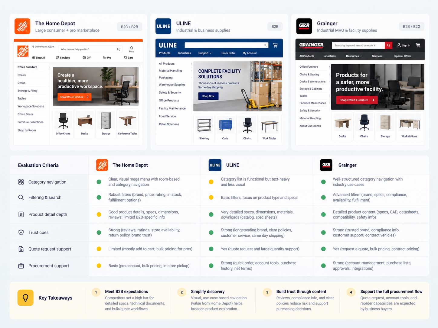 Competitive analysis comparing Home Depot, ULINE, and Grainger across category navigation, search, product detail, trust, and procurement support