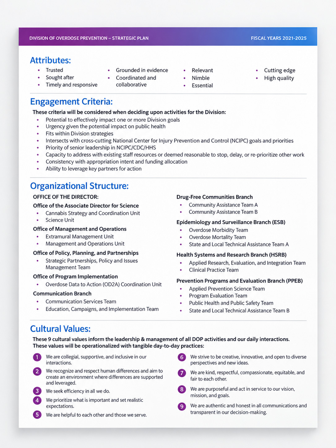 Strategic plan page showing attributes, engagement criteria, organization, and cultural values
