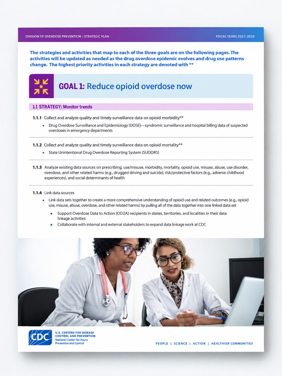 Strategic plan goal page introducing Goal 1 and detailed strategy activities