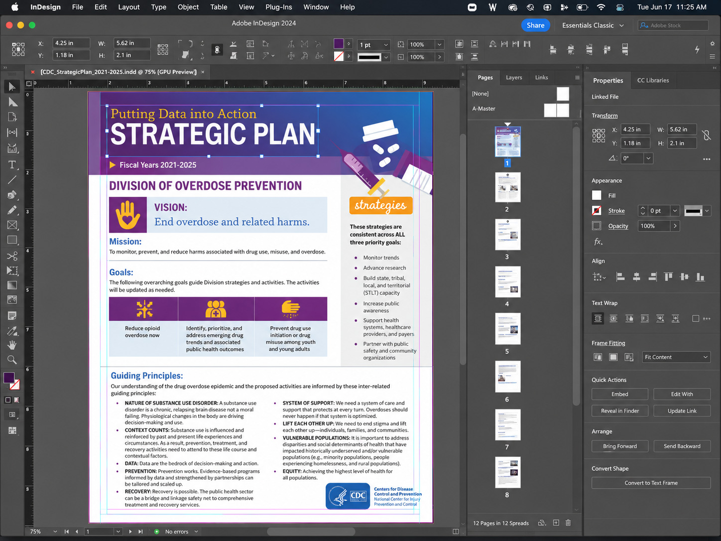 InDesign production view of the CDC strategic plan cover with guides and page thumbnails