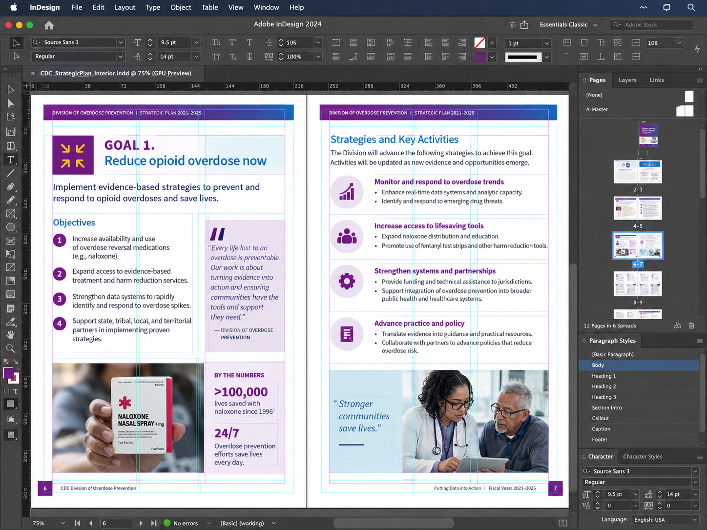 InDesign interior spread showing the CDC strategic plan page grid and paragraph styles