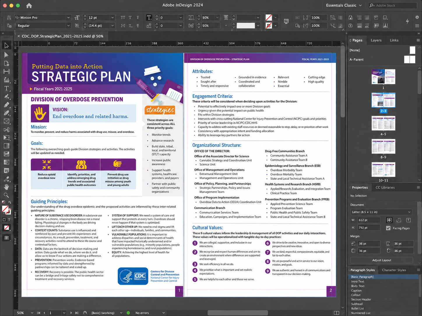 Adobe InDesign workspace showing the CDC strategic plan cover in production