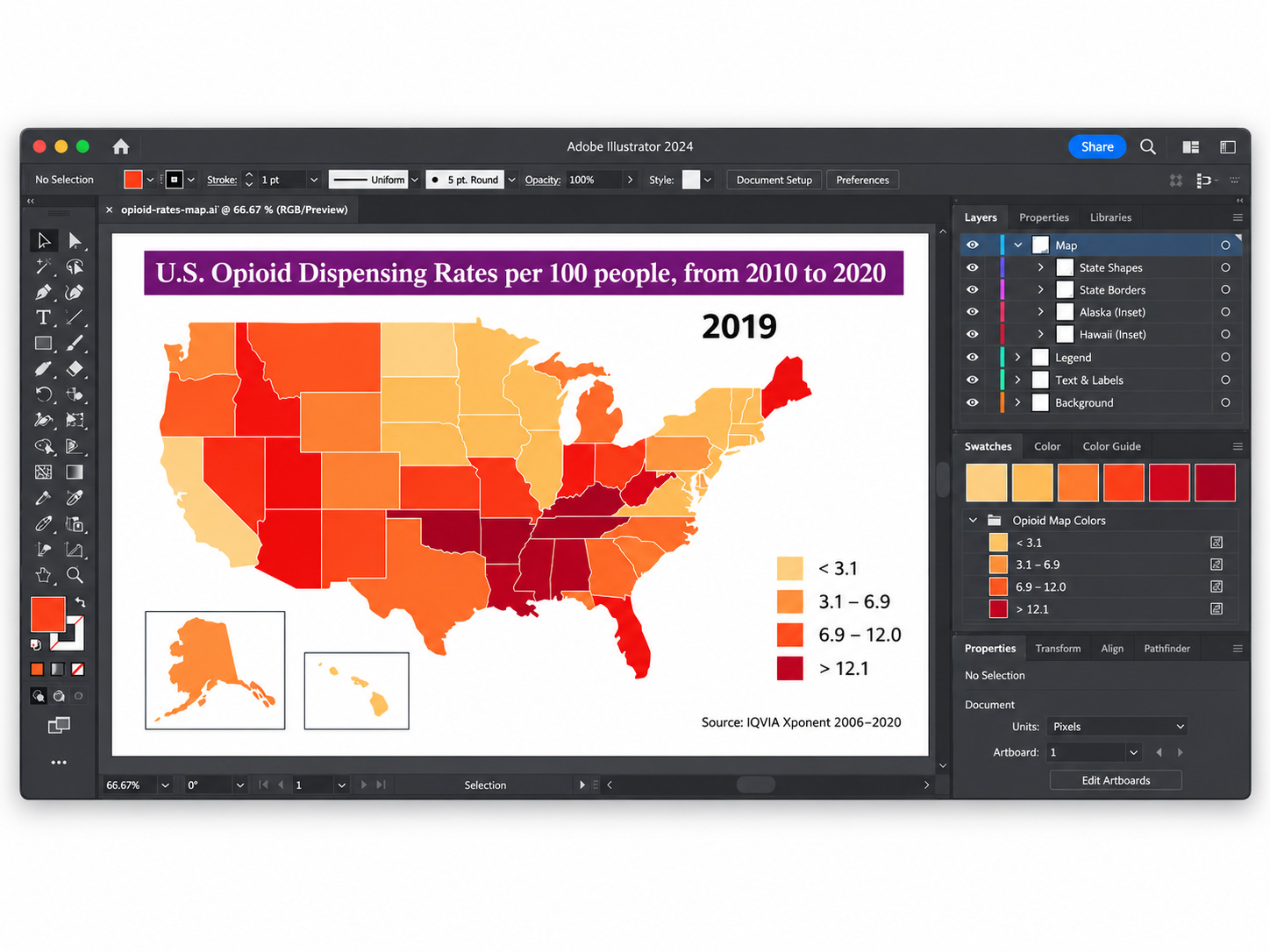 Adobe Illustrator interface showing the opioid dispensing rates map artwork and color system.