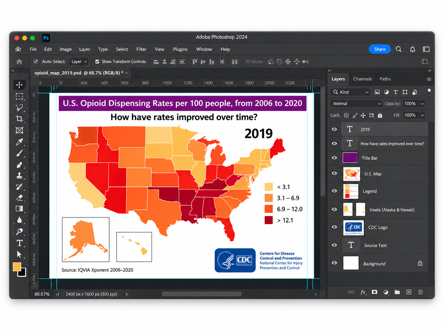 Adobe Photoshop interface showing the opioid map frame, typography, legend, and supporting elements.